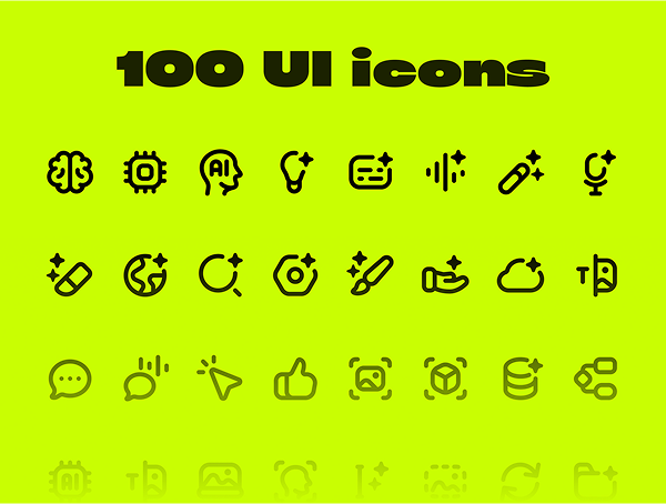 A modern AI icon set featuring 100 high-quality linear icons.